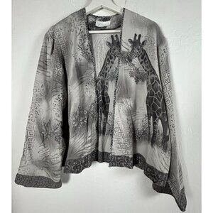 Breeze Womens Giraffe Print Open Front Kimono Jacket Large Gray Lightweight USA